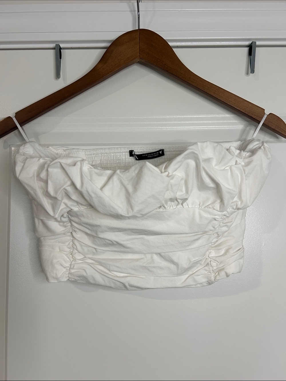 Zara White Ruched Strapless Bubble Crop Top - Size M